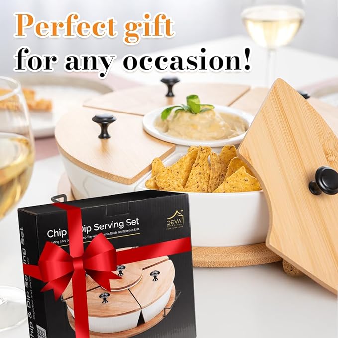 Chip & Dip Serving Set | Appetizer Set With Rotating Bamboo Lazy Susan Tray| White Ceramic Bowls With Bamboo Lids | Black Handle Tray | 11.22” Round Party Platter | Giftable