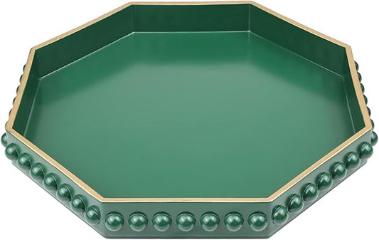 Green Serving Tray for Coffee Table, Octagonal Beaded Plastic Decorative Tray for Ottoman, Kitchen Counter, Living Room, Outdoor Lacquer Tray for Entertaining