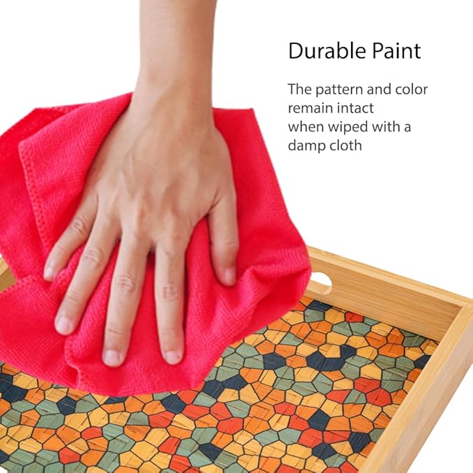 PEMAR 12.2" Square Bamboo Art Decor Tray with Handle, Food Drink Serving Tray for Breakfast Lap Bed Eating. Pattern Printed on Bamboo. Decorative Catchall Coffee Table Entryway Nightstand (Mosaic)