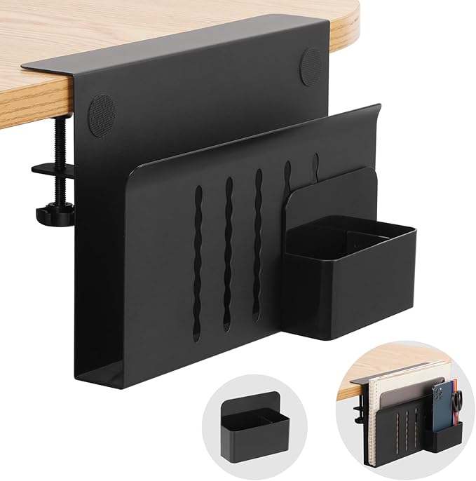 Desk Side Storage, Under Desk Laptop Mount, Table Side Hanging File Organizer, No Drill Clamp On Cable Management Tray, Laptop Holder with Magnetic Pen Holder for Office and Home(Black)