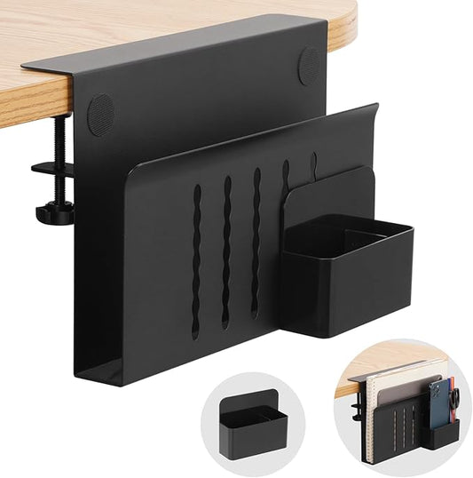 Desk Side Storage, Under Desk Laptop Mount, Table Side Hanging File Organizer, No Drill Clamp On Cable Management Tray, Laptop Holder with Magnetic Pen Holder for Office and Home(Black)