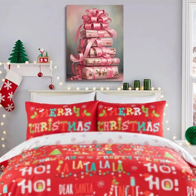 Pink Christmas Wall Art Pink Vintage Christmas Presents Canvas Print posters Retro Shabby Chic Christmas Printables Winter Home Decor 11x14 Unframed