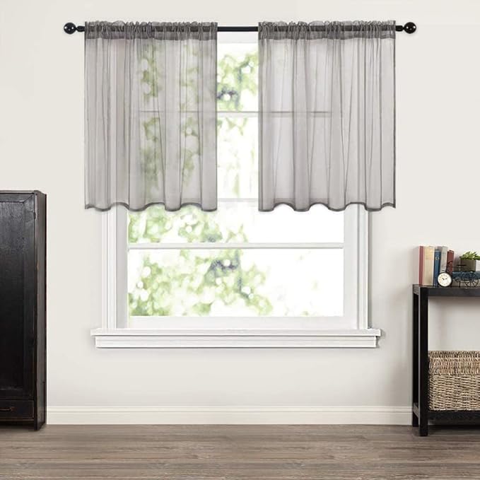 MIULEE Short Sheer Curtains 30 Inch Length for Kitchen Bathroom Cafe Half Window Treatment, Rod Pocket Tier Curtains 2 Panels, 29x30 Inches Long, Grey