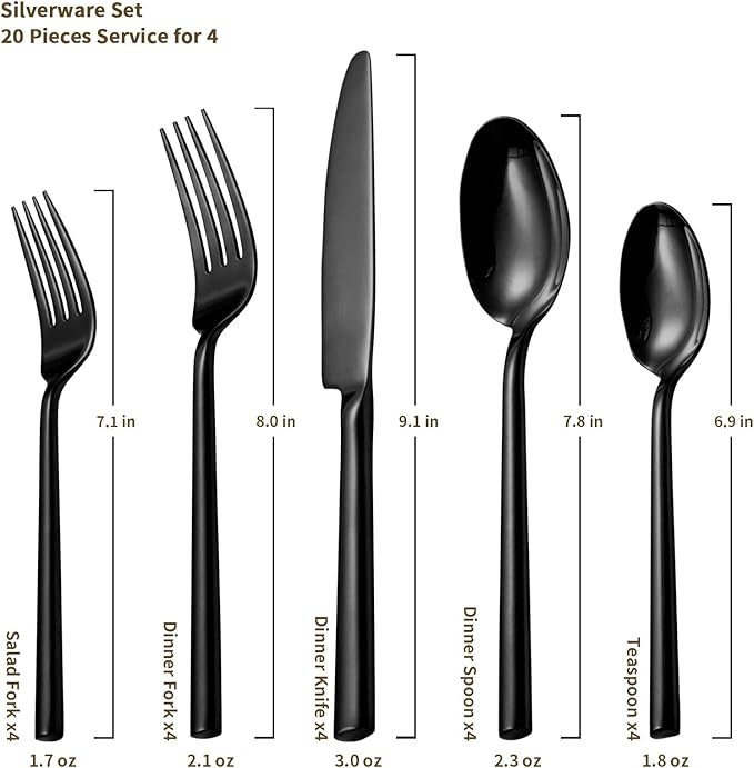 Alata Potter Black 20-Piece Forged Silverware Set with Utensil-Serving Set, Service for 4, Stainless Steel Flatware Set, Modern Design with Mirror Finish, Ideal for Home, Kitchen, Party, Camping