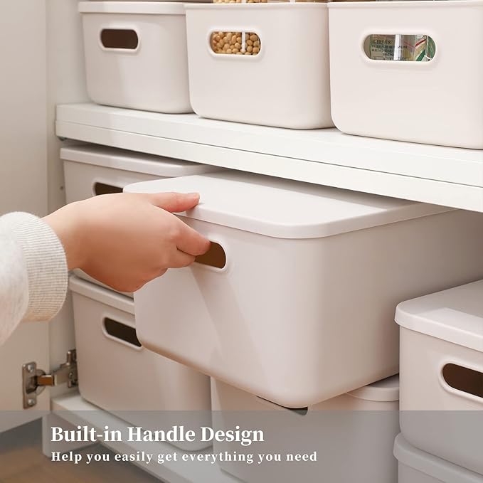 Plastic Storage Baskets With Lid Organizing Container Lidded Knit Storage Organizer Bins for Shelves Drawers Desktop Closet Playroom Classroom Office (M+2S, Light grey)