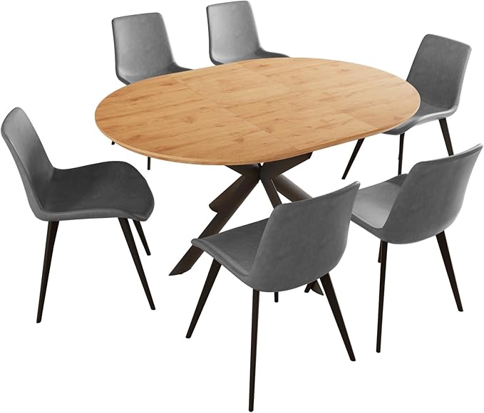 43.2"-59.1" Extendable Round Dining Table Set of 7, Round Kitchen Table with Thickened MDF Board, Oak Coffee Table,Steel Legs