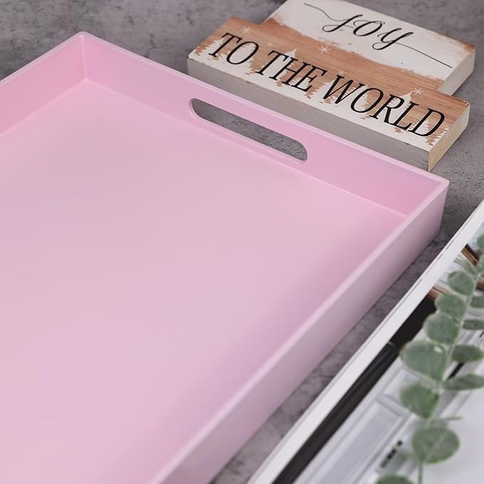 Pink Serving Tray for Coffee Table, Rectangular Plastic Decorative Tray with Handles for Entertaining, Outdoor Patio, Living Room, Ottoman, Bathroom Counter, 11.8”*15.7”*1.6”