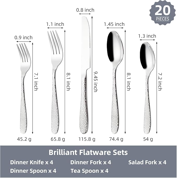 Hammered Silverware Set, CITESANA 20-Piece Heavy Duty Mirror Polished Stainless Steel Flatware Set Cutlery Set Flatware Service for 4