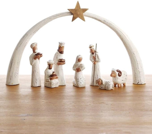 Seasonal Home Decor, Collectible Wood Figurines, Christmas, Religious, Catholic Home, Christian, Wood Nativity Set, Jesus Manger Scene, Holy Family, Tabletop, Rustic, White, Star Arch, Set of 8