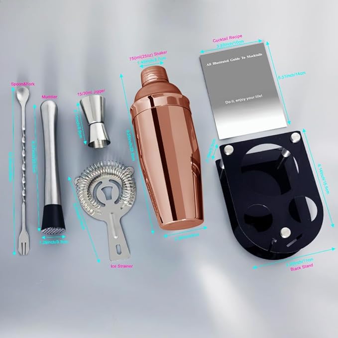 Cocktail Shaker Bartender Kit: 5 Piece Bar Tool Set, Cocktail Shaker Set with Stand, Drink Mixing Includes Martini Shaker,Strainer,Jigger,Bar Mixer Spoon,Muddler ﻿ (Rose Gold, 750ml(25oz))