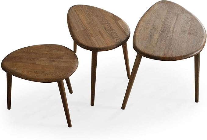 Solid Wood Nesting Coffee Table Set of 3 - Mid Century Modern Pebble Tables with Tapered Legs – Wooden Home Furniture in a Retro Style (Walnut)