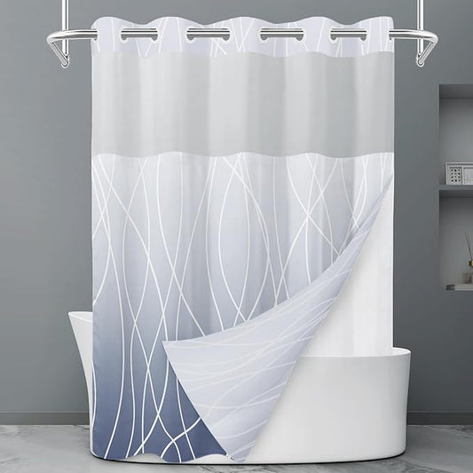No Hook Ombre Blue Striped Long Shower Curtain with Snap in Fabric Liner Set - Hotel Shower Curtain and Liner Set with See Through Mesh Top Window,Machine Washable, 71x86 INCH