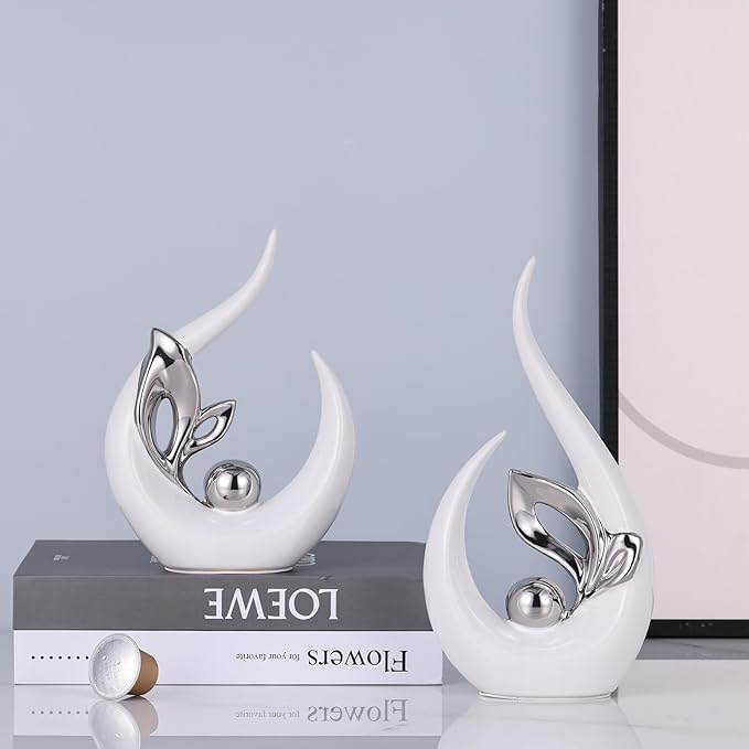 9.4" H White Silver Abstract Sculptures Home Decor, Ceramic Art Statue Cool Stuff to Put on Shelves&tv Stand Decor, Silver Accent Entertainment Center, for Fireplace Coffee Table Dining Table Decorate