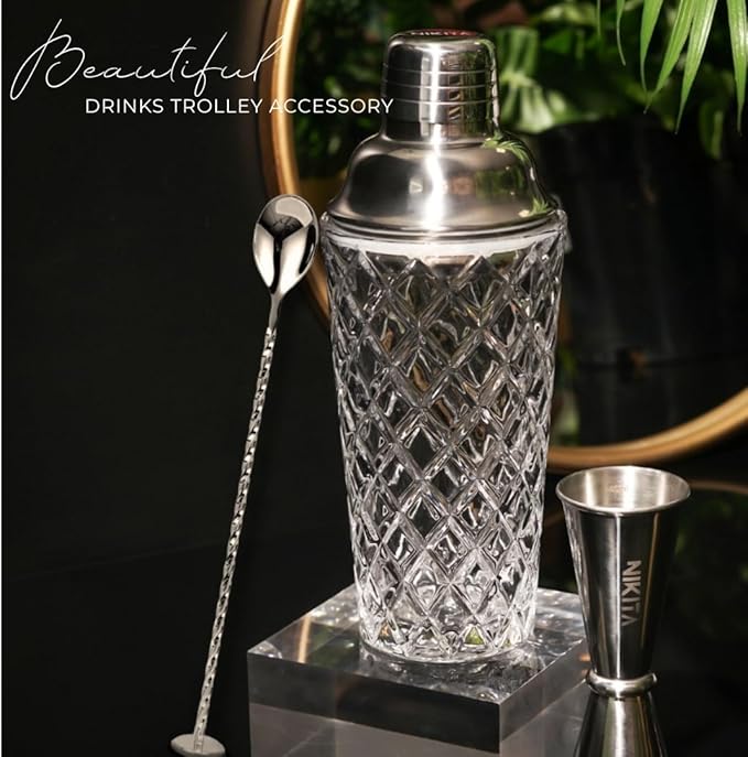 Silver Cocktail Shaker Glass Set - 5 Piece Martini Shaker Set with Strainer, Jigger, Spoon & Muddler - 16oz Crystal Shaker - Ideal Gift for Home Bar & Drink Trolley Décor