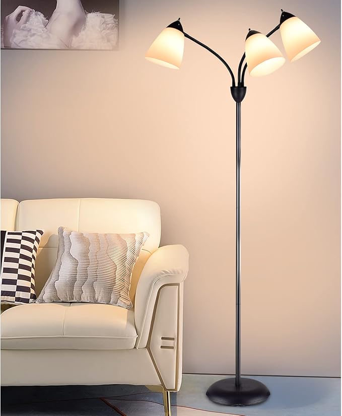 DINGLILIGHTING DLLT Modern Reading Floor Lamp, 3-Light with Adjustable Flexible Gooseneck Tree Standing Lamp for Living Room, Bedroom, Study Room, Office -Black Metal White Shades, E26 Base