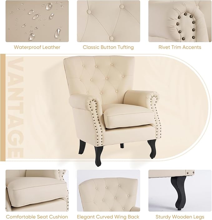 MOJAY PU Leather Accent Chair Set of 2, Modern Armchair Living Room Chair, Upholstered Club Chair with Rivet Trim, Mid-Century Sofa Chair with Sturdy Wood Legs for Bedroom (Ivory White)