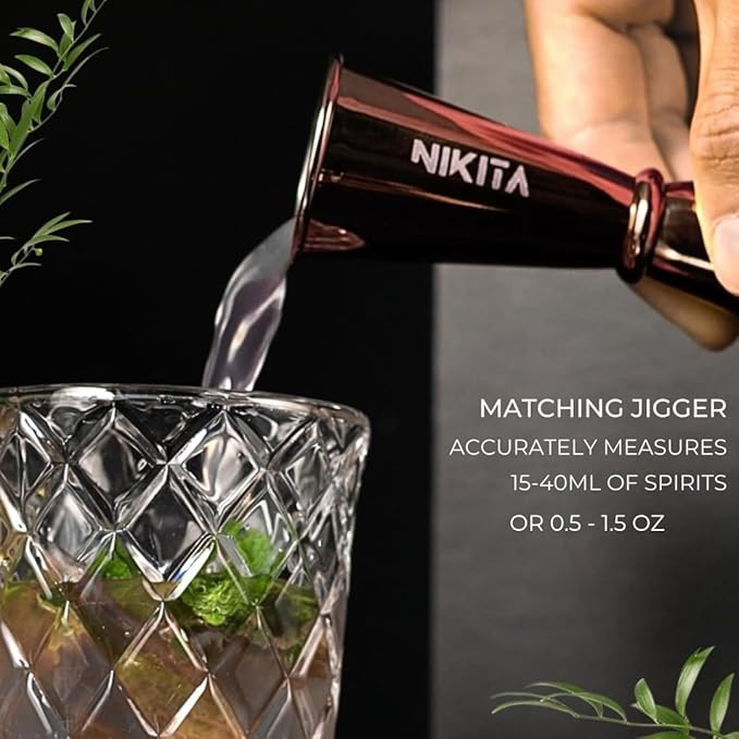 Rose Gold Cocktail Shaker Glass Set - 5 Piece Martini Shaker Set with Strainer, Jigger, Spoon & Muddler - 16oz Crystal Shaker - Ideal Gift for Home Bar & Drink Trolley Décor