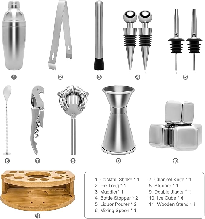 Cocktail Shaker Set with Stylish Stand, 25oz 17 Pieces Bartender Kit Professional Stainless Steel Bar Tool Set for Mixed Drink, Gift for Man Dad, Father's Day, Christmas Day