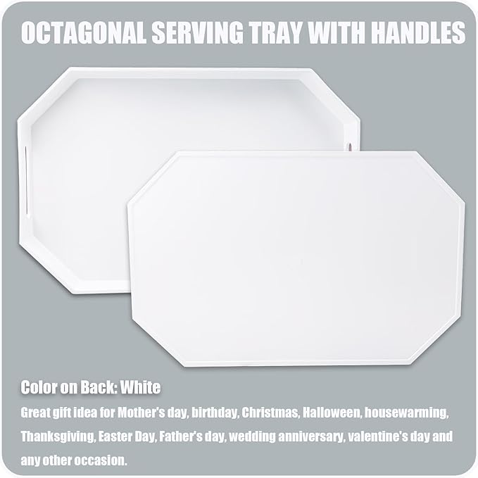 White Octagonal Serving Tray with Handles for Coffee Table, Plastic Decorative Tray for Ottoman, Kitchen Counter, Living Room, Outdoor Lacquer Tray for Entertaining