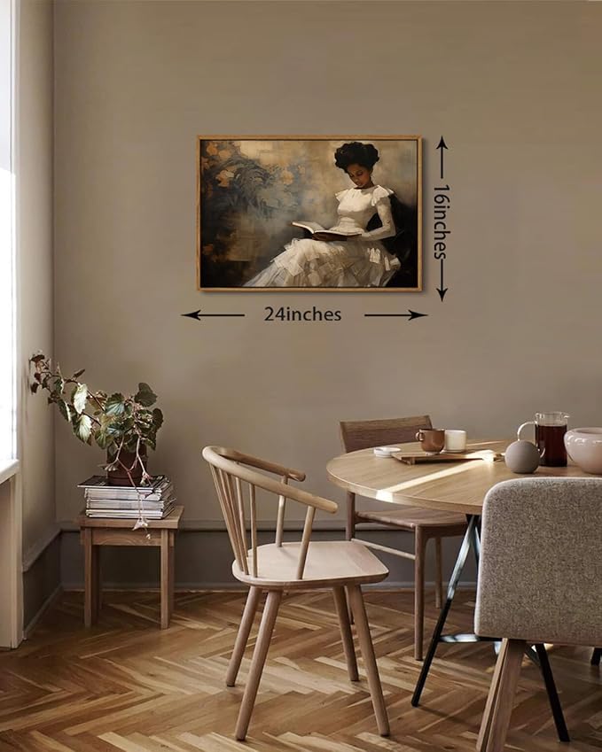 KISSFOX Vintage Portrait Framed Wall Art African American Canvas Wall Art Neutral Rustic Woman Reading Paintings Artwork Serene Countryside Art Prints For Bedroom Living Room