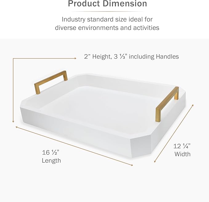 Decorative Acacia Wood Ottoman Tray - Coffee Table Tray - Breakfast, Party, Drinks, Snack, Liquor Serving Platter - Farmhouse to Modern - Brass Handles (Moonlight White)