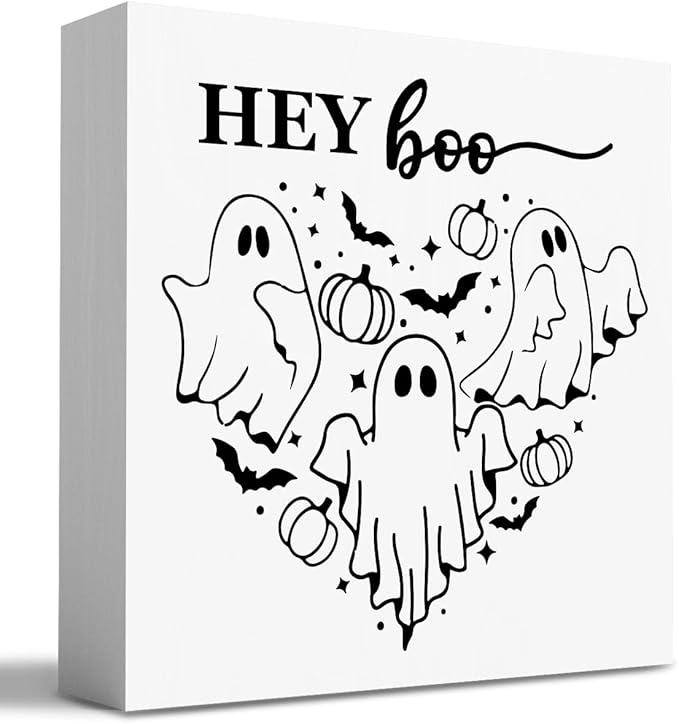 HTBIG Funny Halloween Pooky Ghost Decor Office Wood Box Sign Home Rustic Farmhouse Square Desk Decor Sign for Shelf Room Desk 5 x 5 Inch