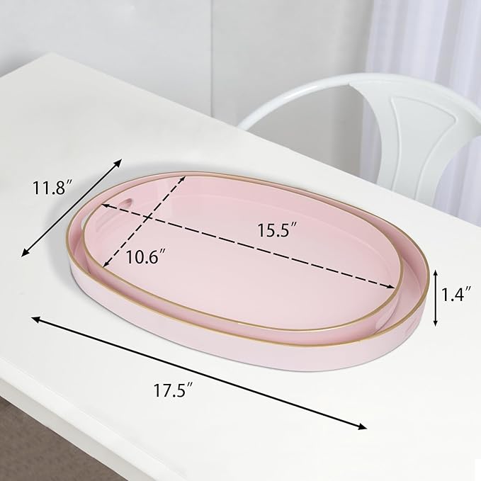 MAONAME Pink Serving Trays with Handles, Oval Decorative Trays for Coffee Table, Nesting Trays Set of 2, Plastic Vanity Trays for Ottoman, Living Room