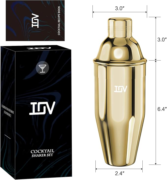 IOV Cocktail Shaker, 24 oz Martini Shaker, Drink Mixer with Built-in Strainer, Professional Stainless Steel Margarita Alcohol Shaker with Cocktail Recipe Guide, Bartender Kit Gifts, Gold