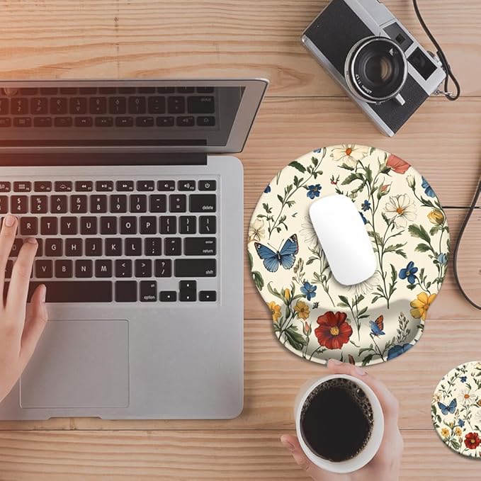 Mouse Pad with Wrist Support, Ergonomic Mouse Pad with Memory Foam Wrist Rest Cushion, Non-Slip Rubber Base Gaming Mice Pad for Home Office Computer Laptop,Floral Butterfly