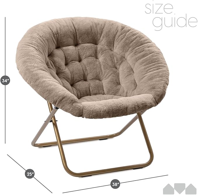 Milliard Saucer Chair For Adults, Teens & Kids, Beige, Faux Fur XL Circle Chair for Bedroom, Dorm & Gaming, Foldable Comfy Accent Seat for Small Spaces, Folding Moon / Mushroom / Round Oversized Style