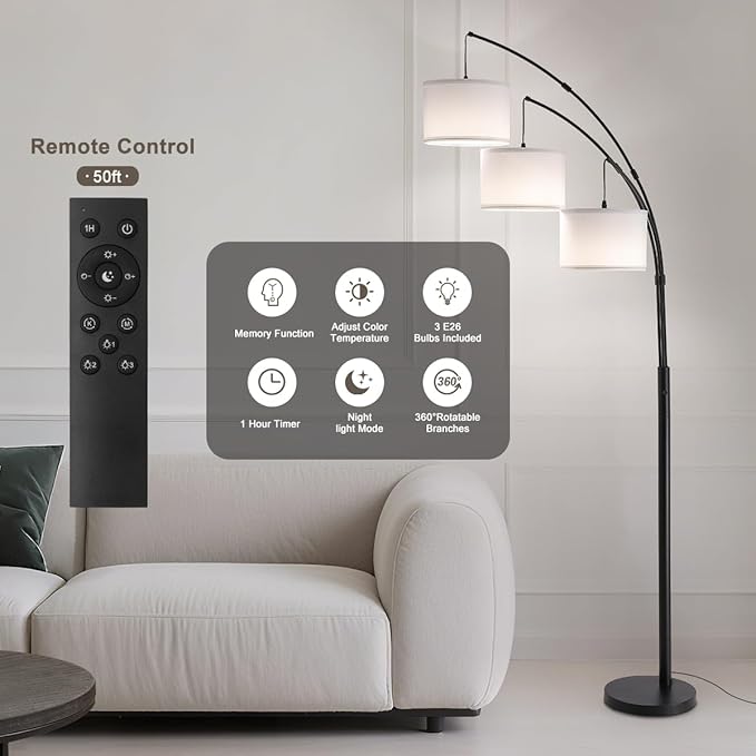 Floor lamp with Remote, 3 Light Arc Floor Lamps for Living Room, 2400LM Tall Standing Floor Lamps with White Shades, 80" Large Floor Lamp for Bedroom, Office