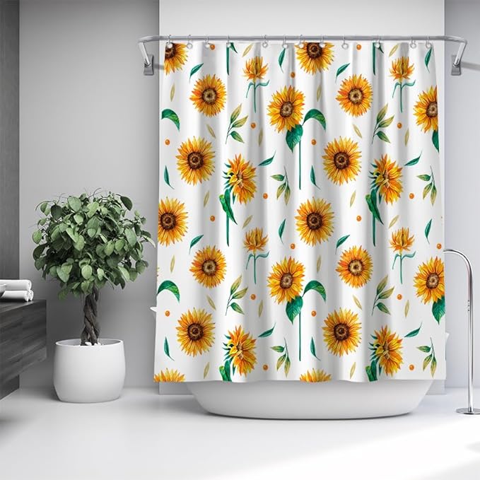 Domoku Sunflower Star Yellow Shower Curtain with Hooks,Summer Waterproof Floral Fabric Bathroom Curtain Set for Autumn Rustic Botanical Flower Bathroom Decorative Watercolor Sunflower, 72"x72"