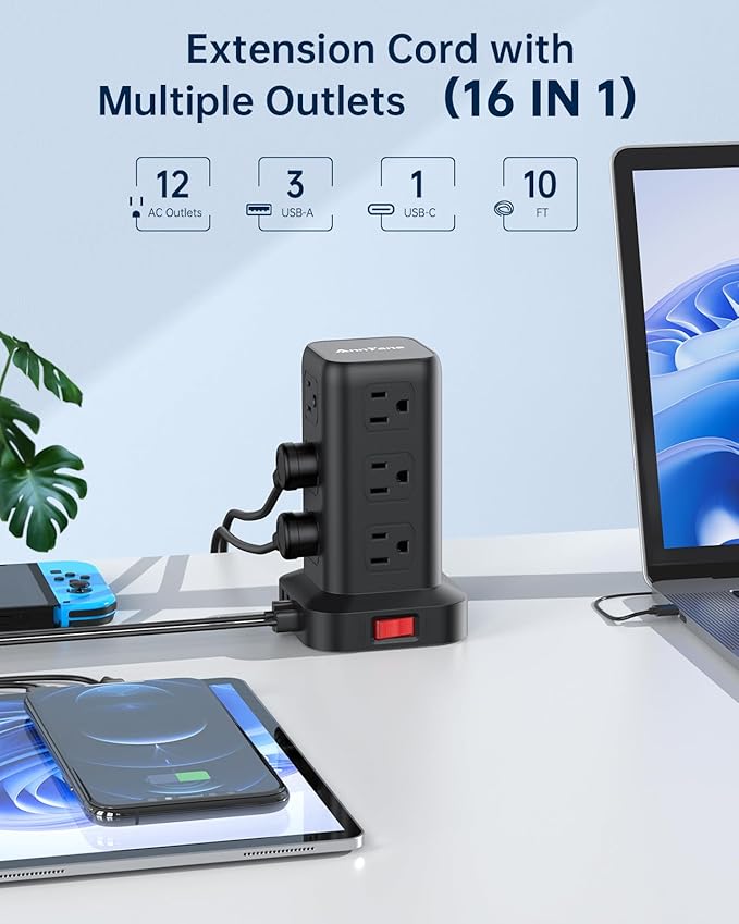 Surge Protector Power Strip 10 FT Cord, Power Strip Tower with 4 USB Ports (1USB C), Extension Cord with 12 AC Multiple Outlets, Home Office Supplies Desk Accessories, Dorm Room Essentials