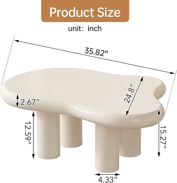 Cloud Coffee Table with 4 Legs for Living Room,Center Table,Low Table,Cream End Table,Round Corner Sofa Table (White, 35”)