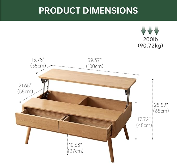 Lift Top Coffee Table, 100% Solid Oak Wood Log Color Coffee Table with Drawers and Hidden Compartments, Rectangular Coffee Tables with Storage for Living Room Home Decor (39.37" L)