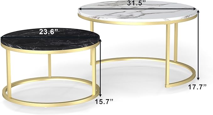 Nesting Coffee Table Set of 2, 31.5" Round Coffee Table Wooden Marble Pattern Accent Furniture, Industrial End Table for Living Room Bedroom Balcony (WhiteBlack/Gold)