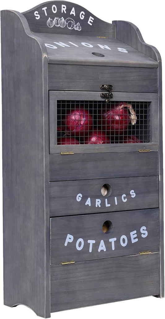 ARTAWEIN Potato Storage Bin Wall-mountable Potato Box with Lid Rustic and Garlic Drawer Onion Organizer with Grocery Section Decorative Vegetable Organization Cabinet for Kitchen