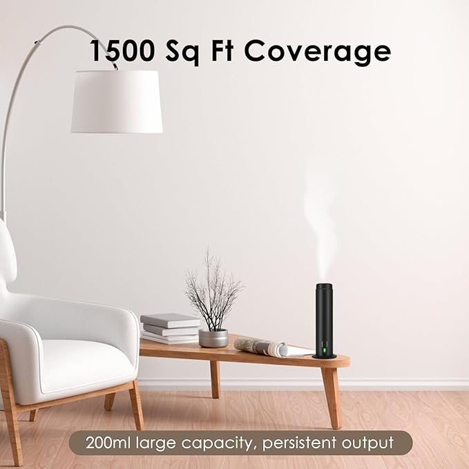 Waterless Essential Oil Diffuser for Homes, Offices, Hotels, Spas, 200ML Capacity, 1500 Sq Ft Coverage, Remote Control, Black Aluminum Alloy
