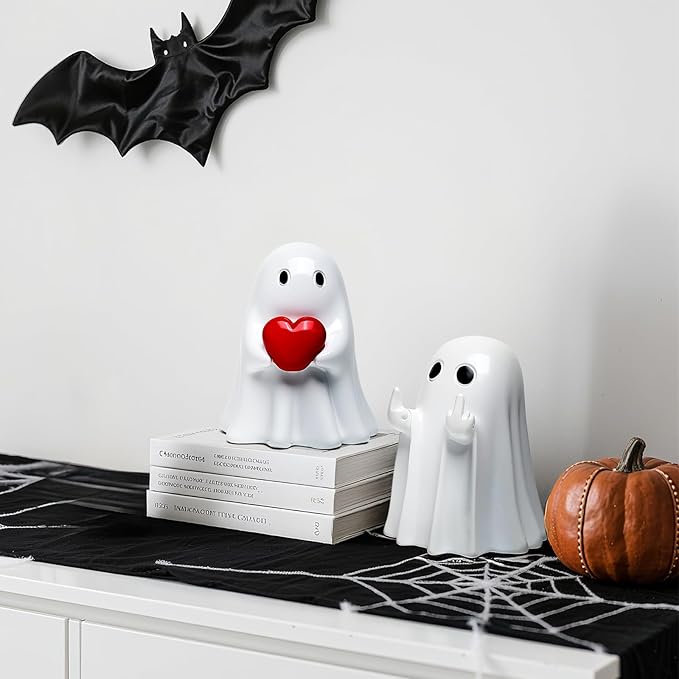 Halloween Ghost Figurine Decor - 2Packs Funny Middle Finger & Heart Hallowen Statue, Cute Spooky Ghosts Figurine Hallowee Decoration for Gift Props Tabletop Home Decor New Year's Gifts
