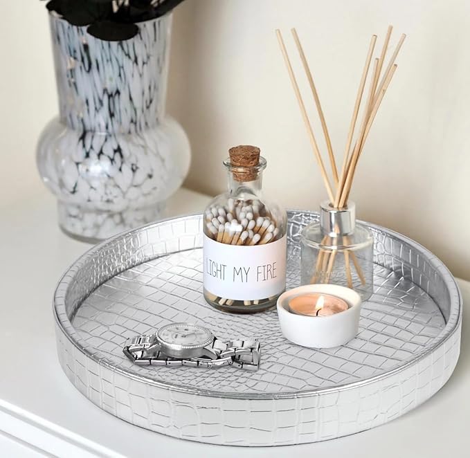 HofferRuffer Faux Leather Round Serving Tray, Vegan Croco Leather Decorative Tray, Food Tray for Storage Drinks, Snack & Cosmetics, Dia.12'' x 1.6'' (Silver)