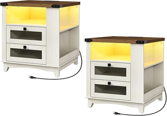 Farmhouse End Table Set of 2, 24''Large Sofa Side Table with LED Light and Charging Station, Square Nightstand with Side Shelves and 2 Drawers, for Bedroom, Living Room.White and Walnut