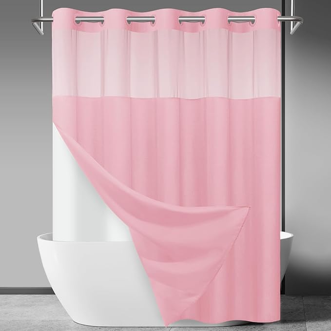 No Hook Slub Textured Shower Curtain with Snap in Liner - Pink Fabric Outer Curtain & Waterproof Inner Liner, Hotel Style with See Through Top Window, 71x74 in