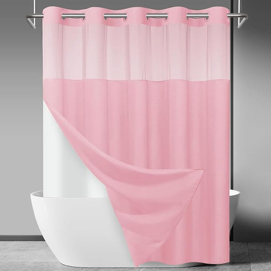 No Hook Slub Textured Shower Curtain with Snap in Liner - Pink Fabric Outer Curtain & Waterproof Inner Liner, Hotel Style with See Through Top Window, 71x74 in