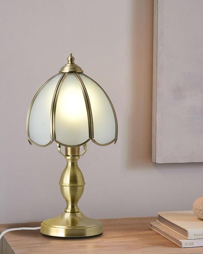 Small Vintage Table Lamps, Frosted Glass Lampshade with Brass Base, Desk Light for Bedside, bar, Lounge, Cafe, and Restaurant, E12 Base(Bulb Not Included)