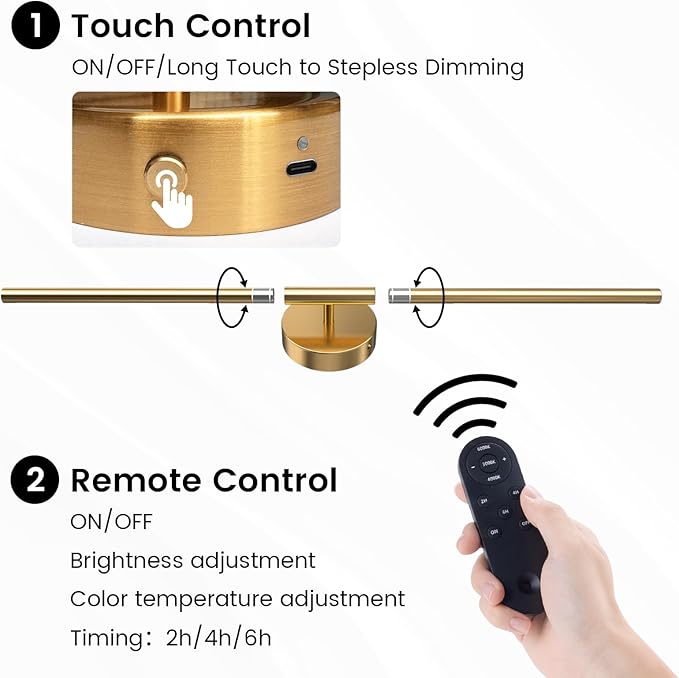 Battery Operated Wall Sconces Set of 2, 360°Rotation Wireless Rechargeable Wall Lights: Dimmable Detachable Wall Lamp with Remote Control, 3000K-6000K Infinite Dimming Wall Sconce 27.6 Inch