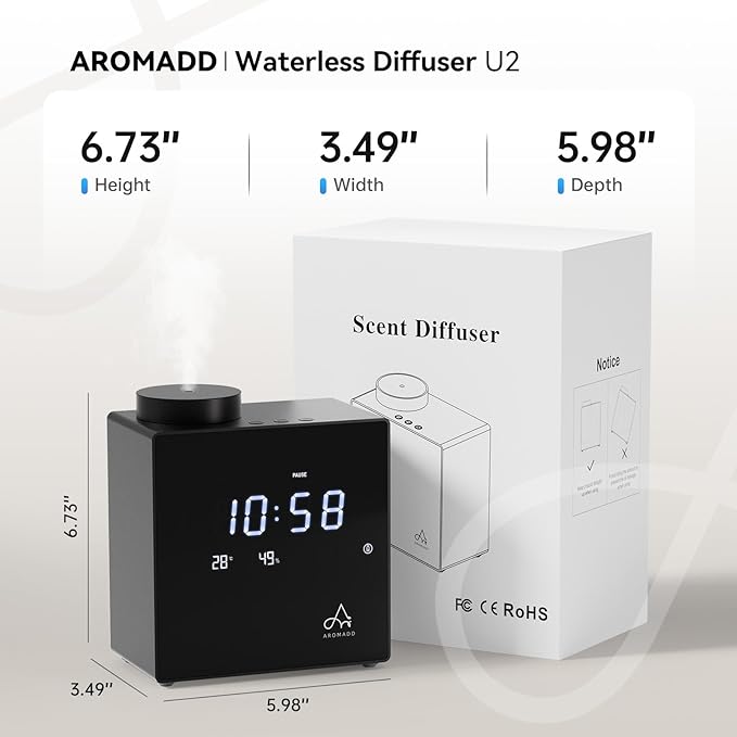 2026 Smart Waterless Diffuser, 2000 Sq.Ft Cold Air Scent Machine with Clock & Environmental Display | 7 Fragrance Levels, 9 Timer Settings, Hotel Collection Diffuser for Home & Large Rooms (Black)