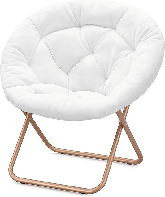 Magshion Saucer Chair for Adults, Comfy Living Room Lounge Chair for Bedroom Corner, Dorm, Apartment, Faux Fur Fluffy Circle Accent Seat with Thick Padded & Folding Metal Frame (White)