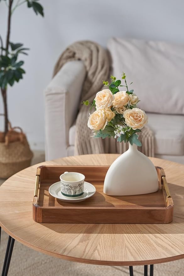 Acacia Wood Serving Tray with Handles, 17x13 Inch Ottoman Tray for Coffee Table,Candle Display,Breakfast in Bed, Large Wooden Decorative Tray with Non-Slip Pads, for Kitchen, Dining, Home Decor