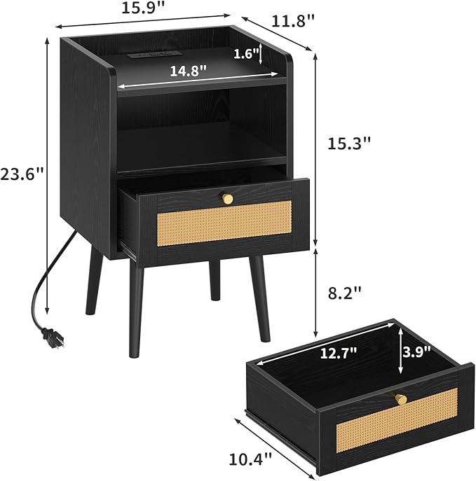 Rattan Nightstand with Charging Station, Mid Century Modern Bed Side Table with Drawer Open Shelf, Boho End Table with Solid Wood Legs,Bedside Tables for Kids' Room Farmhouse Bedroom Living Room Dorm