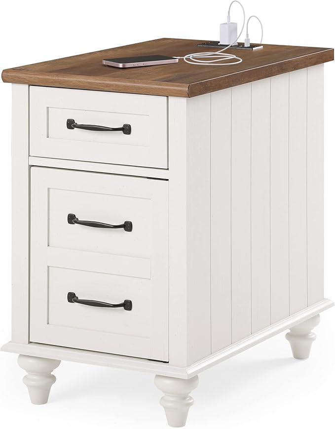 WAMPAT White End Table with Charging Station, Wood Side Table with 1 Drawer &1 Storage Cabinet, Mid Century Modern Nightstand with Power Outlets & USB Ports for Living Room, Bedroom